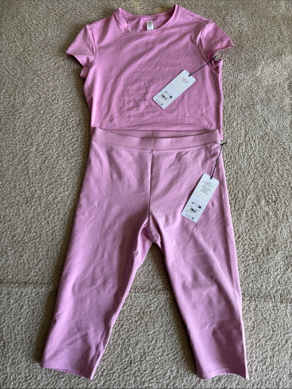 ALO Yoga Women’s Pink Short Sleeve Crop Top & Matching Leggings Set